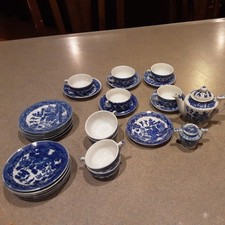 Vintage Blue Willow Childs Miniature Tea Set Marked Japan WITH LIDS 29 PCS