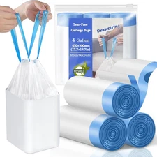 4 Gallon Trash Bags Drawstring, Small Trash Bags Tear-Free, 4 Gal Unscented Whit