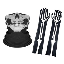 Halloween Skeleton Gloves Long and Skull Face Mask Half Ghost Bones for Black
