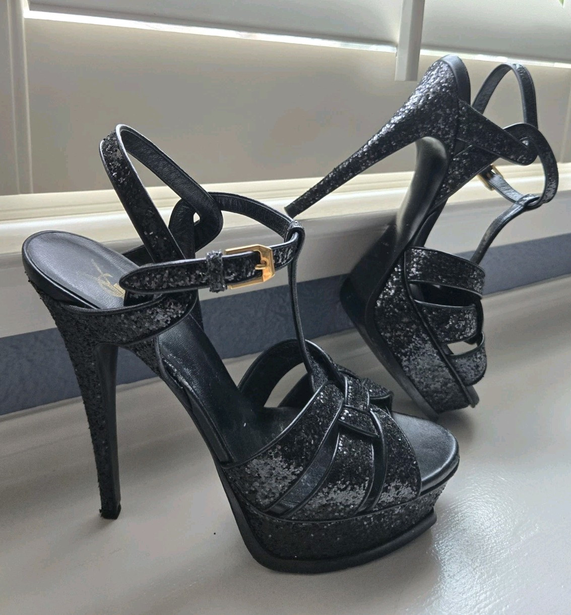 Tacchi YSL Yves Saint Laurent Tribute neri platform scintillanti glitter 39 8 8 5