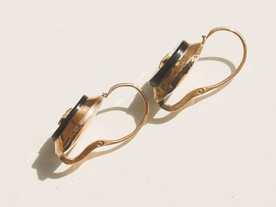 Boucles D'Oreilles Anciennes Or 18K Napoléon III - Onyx - Dormeuses - Occasion