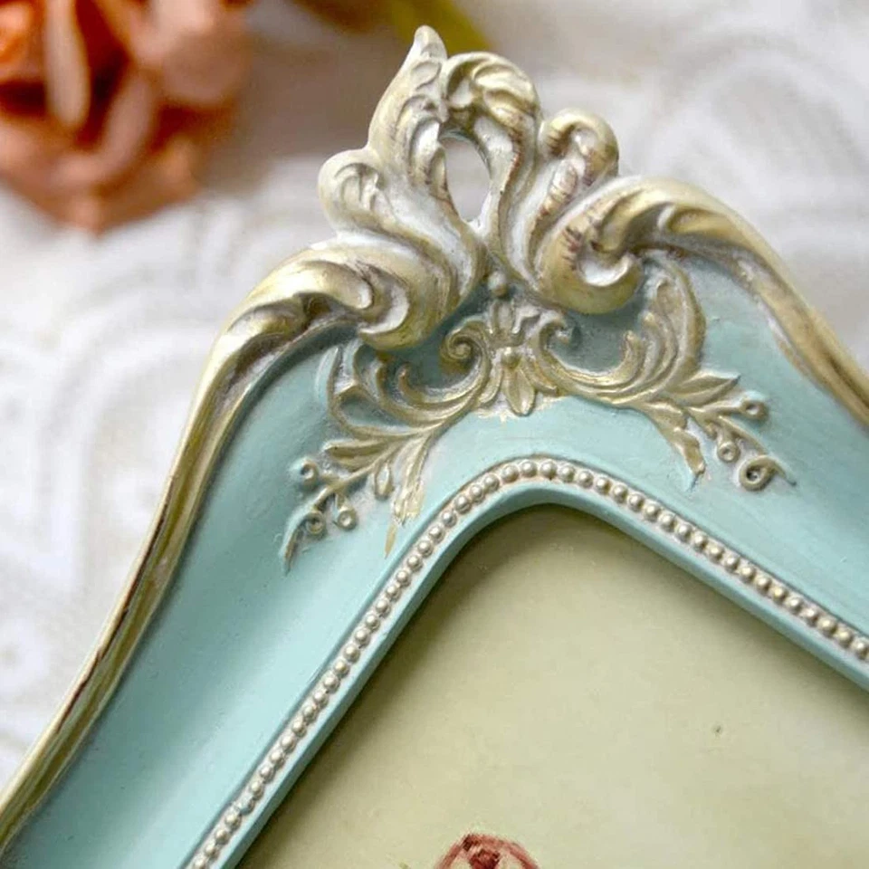 Marco de fotos vintage 5x7 antiguo azul ornamentado marco de fotos para mesa y pared Foto 3 de 4