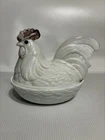 Large Vintage Milk Glass Rooster Hen On Nest Amber Eyes Split Tail Dish 8” Long