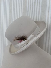 Men's 100 Wool Cream Derby Bowler Hat Size Small Grosgrain Ribbon  Feather VTG