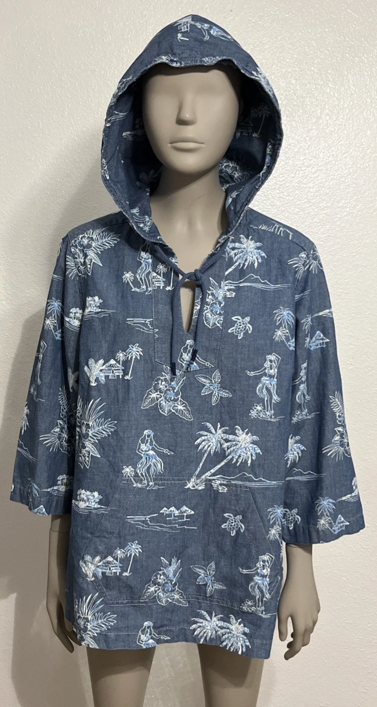Tommy Bahama Womens Hula Girl All Over Print Hawaiian Pullover Hoodie Blue Sz M