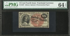 PMG 64. FR# 1267 Fractional 1869 USA Currency 15c, Fourth 4th Issue Bank Note