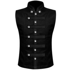 Mens Gothic Military Style Vest Buckle Straps ALT Black Cotton  Leather Vest