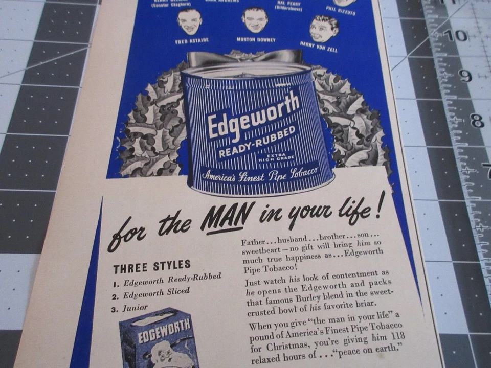Pipa de tabaco Edgeworth Ready 1949 frotada, anuncio impreso - famosos fumadores de pipa Foto 2 de 3