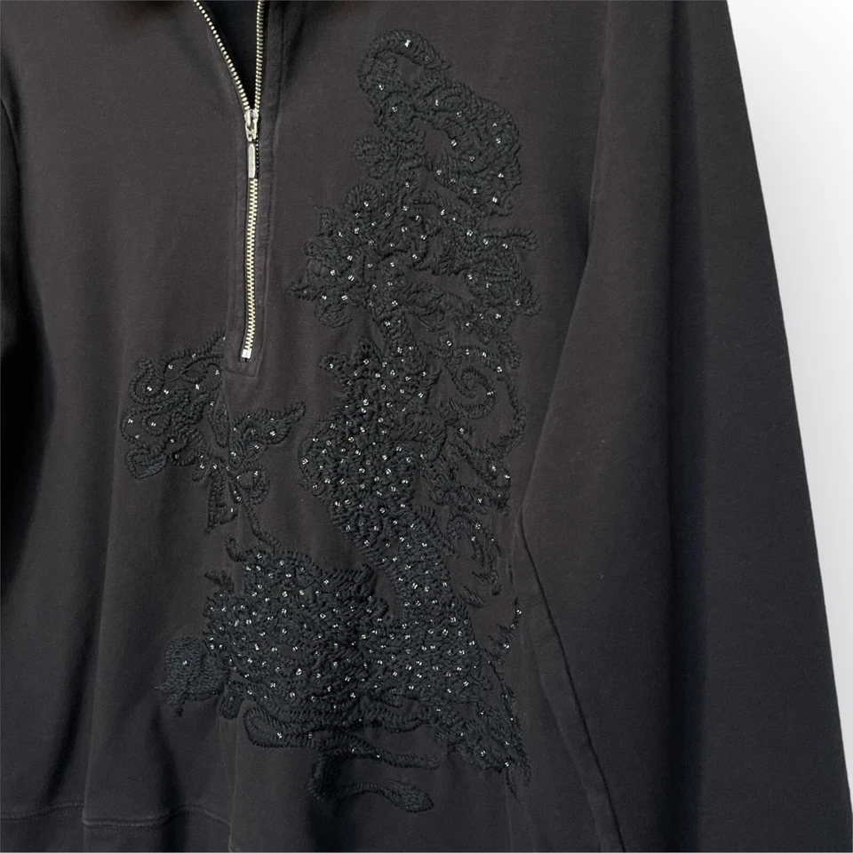Sudadera con capucha Coldwater Creek 1/2 cremallera para mujer talla M negra floral bordada elástica Foto 4 de 4