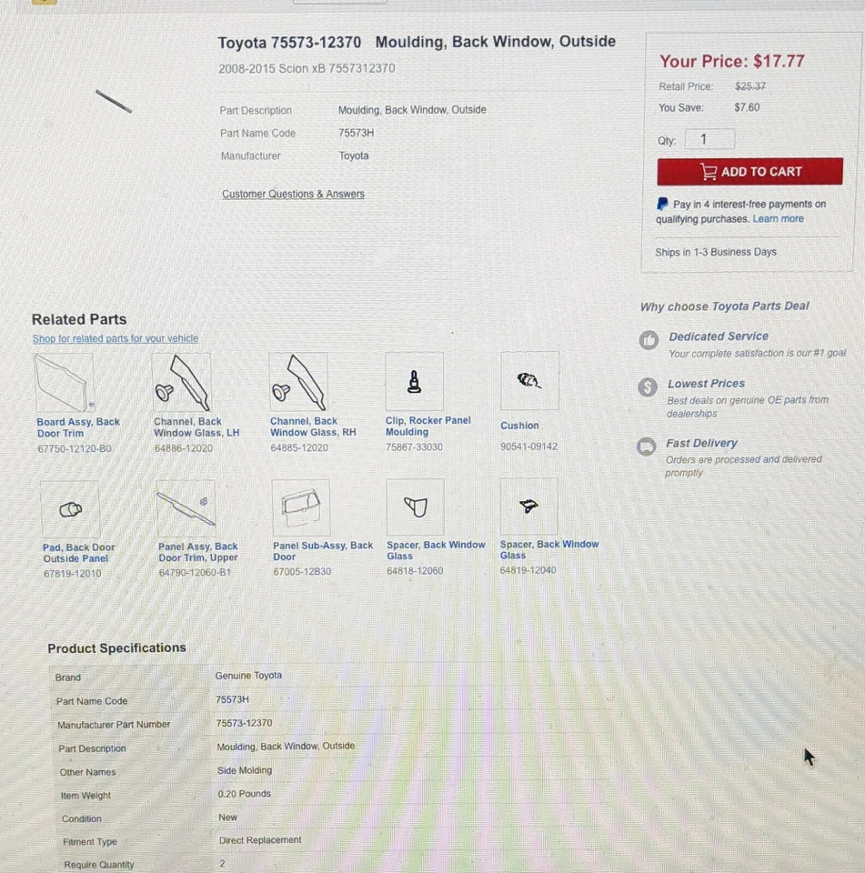 Puerta levadiza SCION xB 2008-2015 puerta trasera moldura lateral Toyota OEM # 75573-12370  Foto 2 de 4