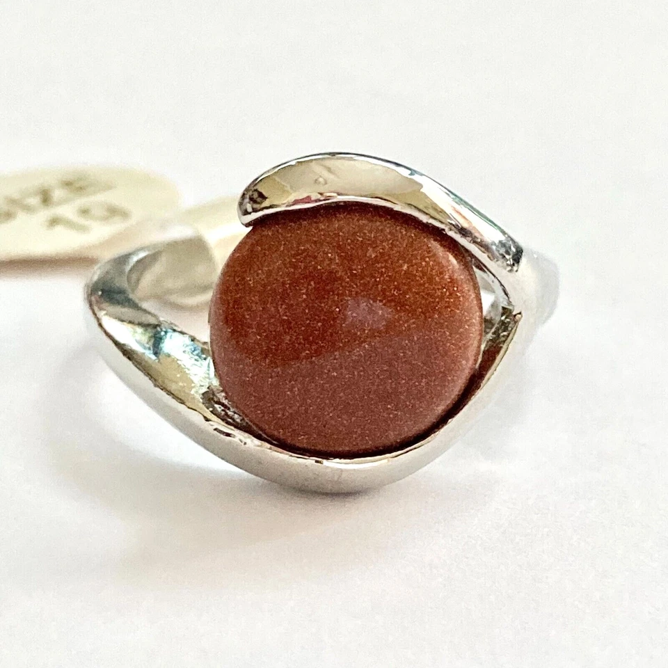 Anel semiprecioso vintage marrom cobre pedra dourada folheado a prata tamanho 8 pedra redonda - Imagem 3 de 4