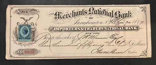 Travelstamps: 1877 Merchants National Bank Cancelled Check w/ Revenue Stamp