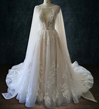 BEADED LACE A-LINE WEDDING DRESS WITH CAPE SPARKLE TULLE DEEP V NECKLINE