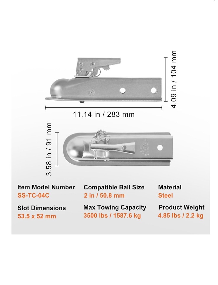 VEVOR Straight Trailer Coupler, for 2Inch Hitch Ball, 2Inch Channel