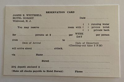 Vintage Advertising Souvenir Travel Reservation Card Hotel Dorsey