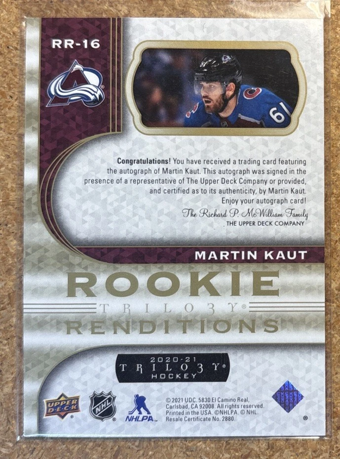 2020-21 Upper Deck Trilogy Martin Kaut Gold Rookie Renditions Auto  #RR-16 - Image 2 of 2