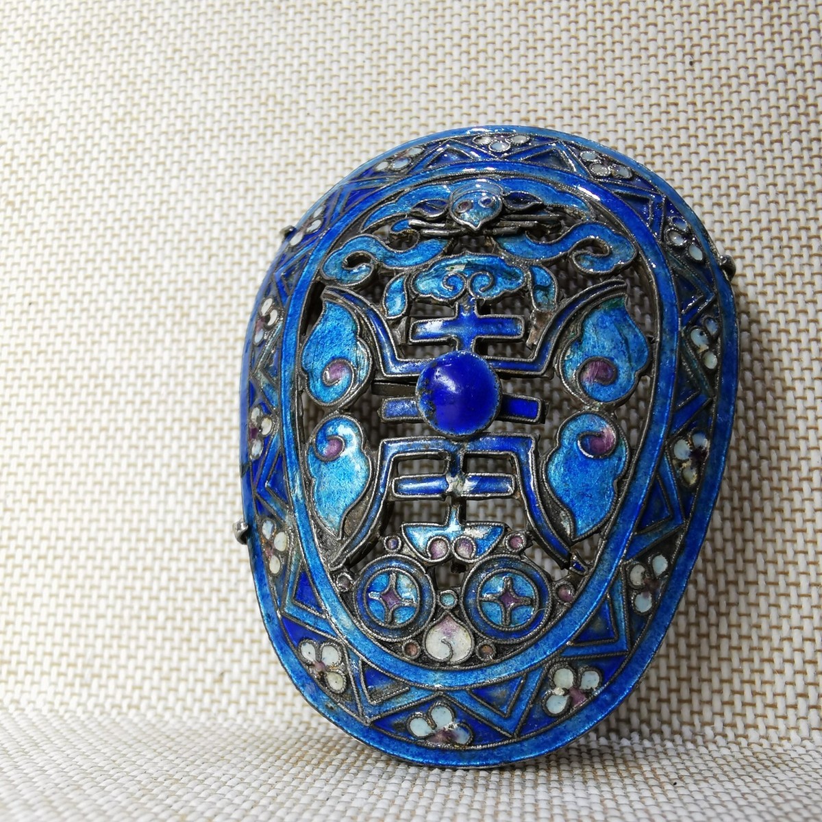 Broche Ancienne En Argent 925 - Émail & Cabochon Style Chinois - Très Bon État
