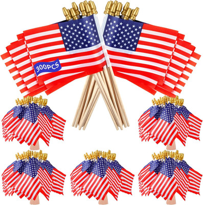 300Pcs Small American Flags on Stick, Handheld 4 X 6 Inchs Mini American Flags w