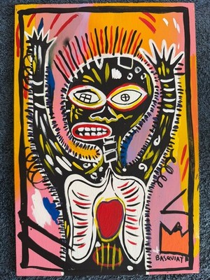 BASQUIAT drawing and painting on old wood signed stamped vintage