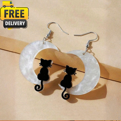 1Pair Funny Halloween Earring White Moon Black & Cat Shaped Drop/Dangle Earrings
