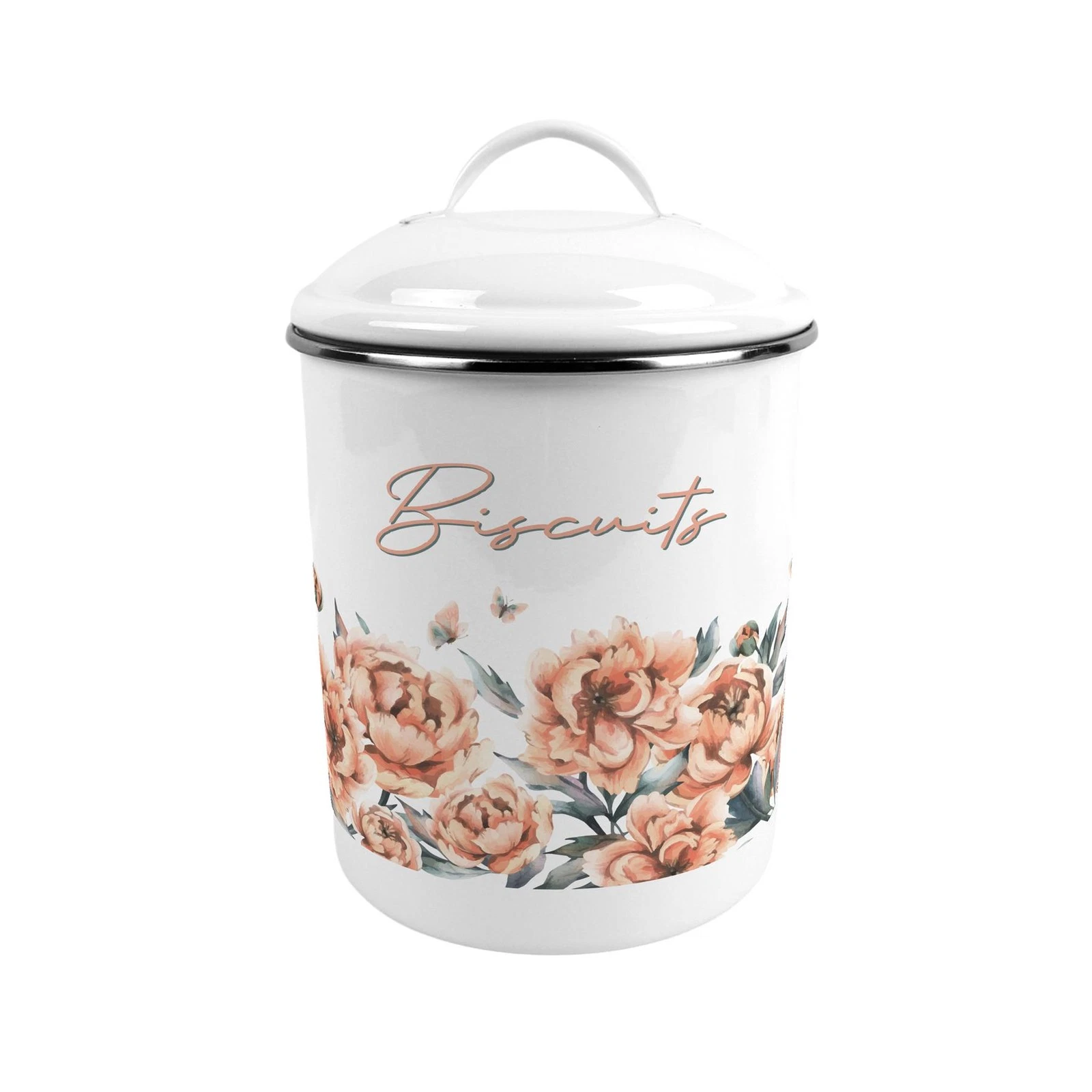 Peach Peonies Large Metal Biscuit Canister - Kitchen Food Storage Gift