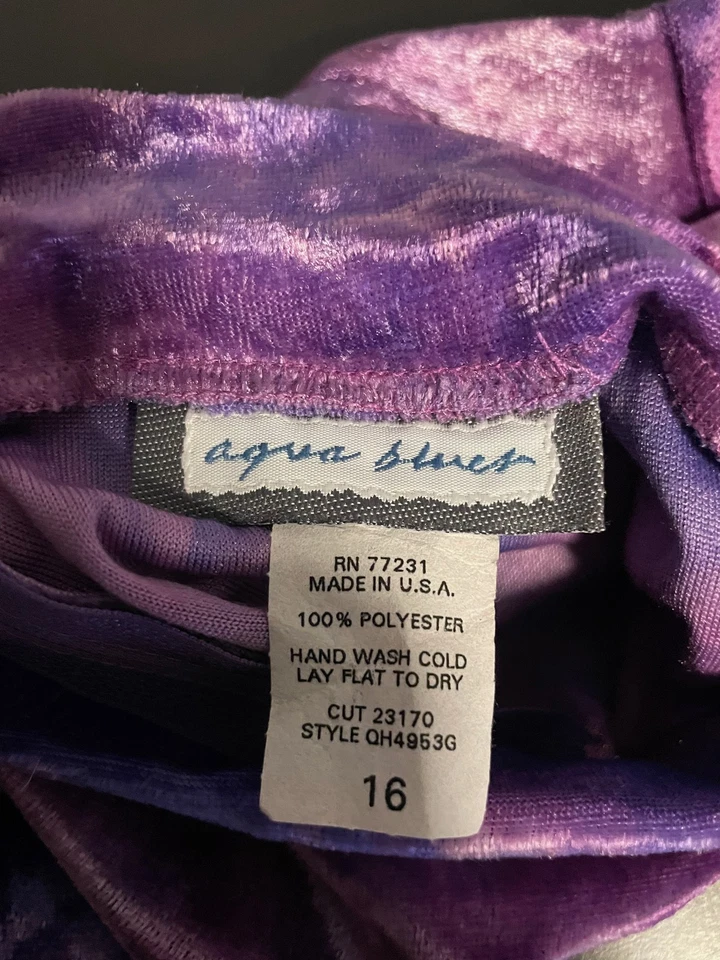 Vintage Aqua Blues Dress Kids 16 Velvet Floral Mock Neck Made in USA Y2K 00s - Image 4 of 4