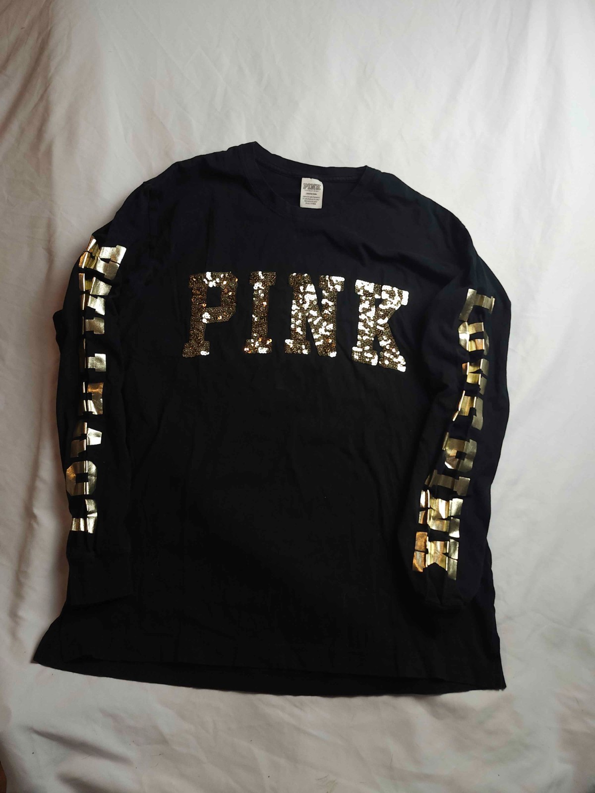 PINK Victoria's Secret T-Shirt L Black Gold Sequin Graphic Athleisure Loungewear