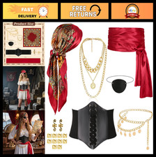 8 Pcs Women's Pirate Costume Set - Head Scarf, Corset, Eye Patch, Necklace Bel