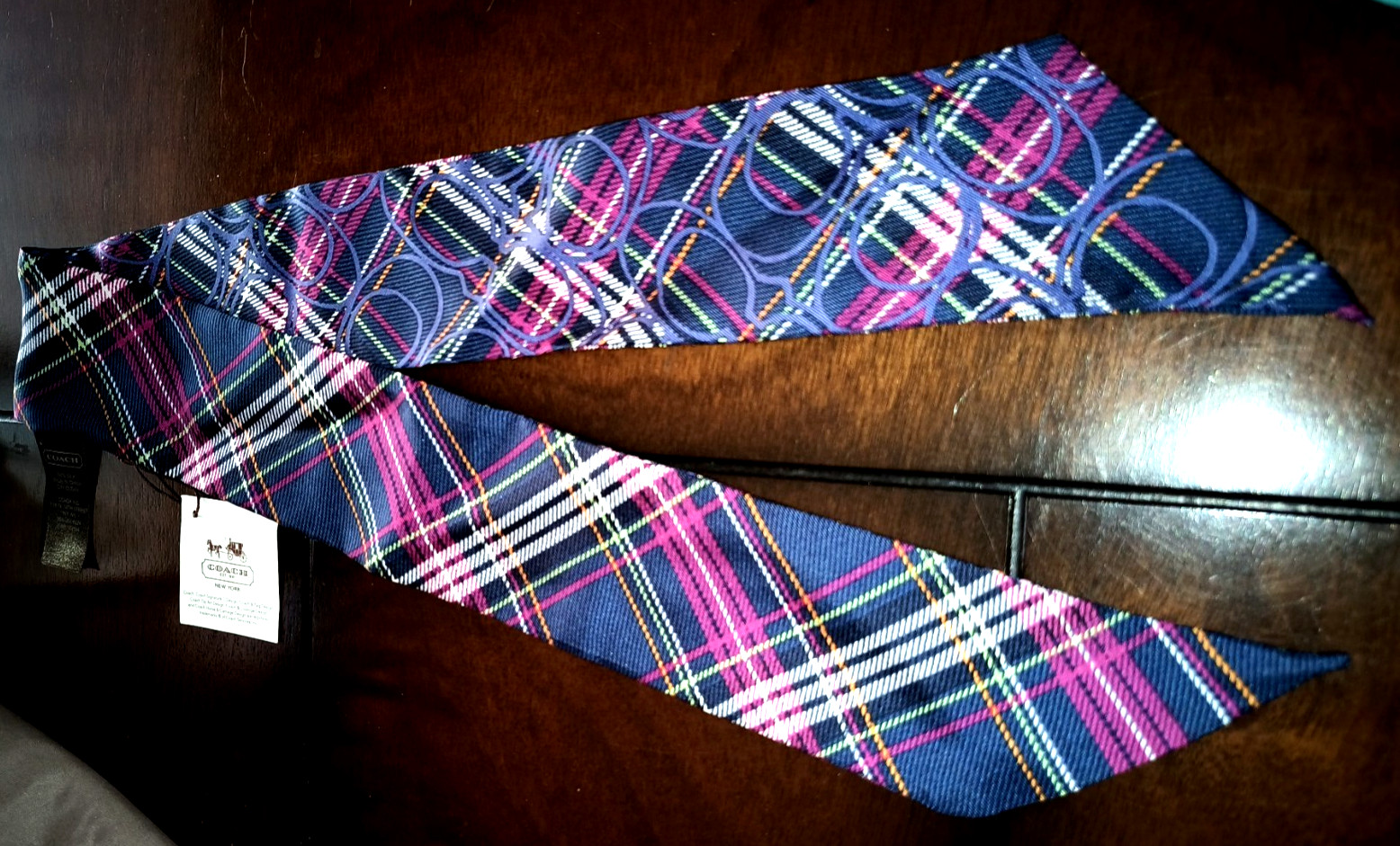 NWT COACH *RARE* SIGNATURE TARTAN PLAID SILK PONY SCARF MULTI COLOR NAVY BLUE image 8