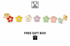 14k Yellow Gold Baby Enamel and CZ Flower earrings, Screw Back