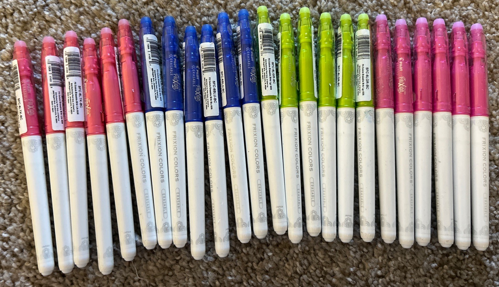 . Pink, Blue, Green, Hot Pink.