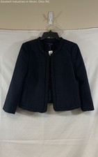 Ann Taylor Navy Blue Textured Open Front Beaded Trim Blazer Jacket Women's 10
