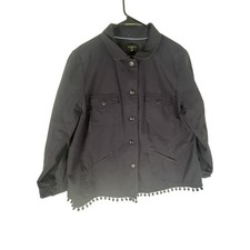 Talbots Woman Jacket Womens Navy Blue Cotton Button Front Pom Pom Trim Utility