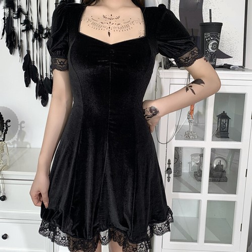 Ladies Lace Velvet Dress Short Puff 