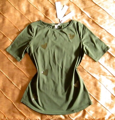 ESPRIT KURZARM STRETCH BAUMWOLLSHIRT HERZ APPLIKATION GOLD KHAKI GRÜN M, 38 NEU