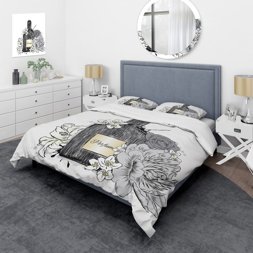 Designart 'Perfume Bottle and Bouquet Of Flowers III' Black Full/Queen