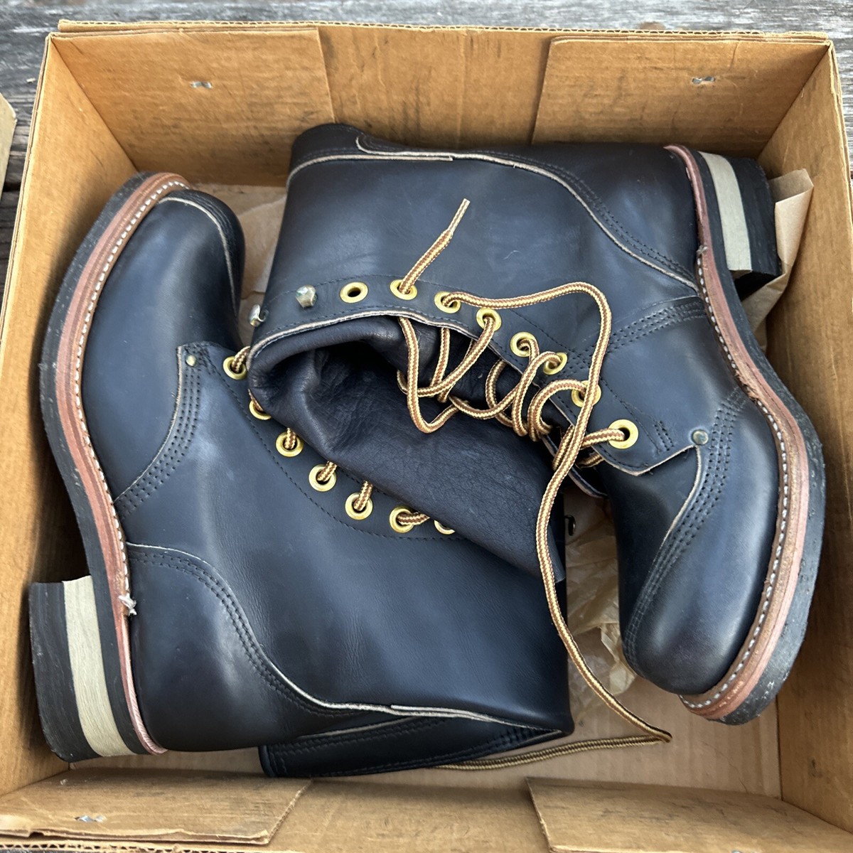 VTG 70s Carolina Linesman Boots Black Leather Mens 7.5 USA 14 