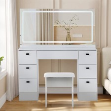 Tavolo da Trucco Bianco con Specchio LED 7Cassetti Sgabello Camera da Letto