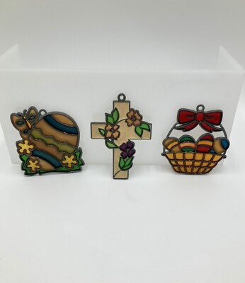Vintage Easter Sun Catchers Stained Glass Easter Basket, Egg & Floral Cross