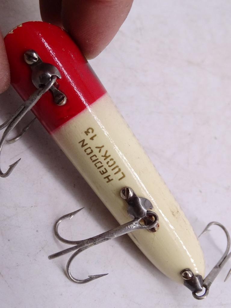 Vintage Heddon Dowagiac MI Heddon Lucky 13 Fishing Lure Wood Painted w