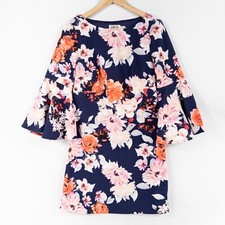 Eliza J Dress Womens 4 Navy Blue Floral Print Mini 3/4 Bell Sleeve Stretch Knit