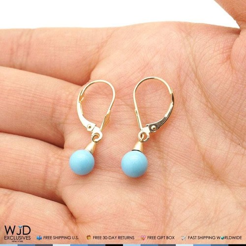 14k Yellow Gold Sky Blue Turquoise Ball Drop Leverback Earrings 6mm-10mm - Picture 4 of 41