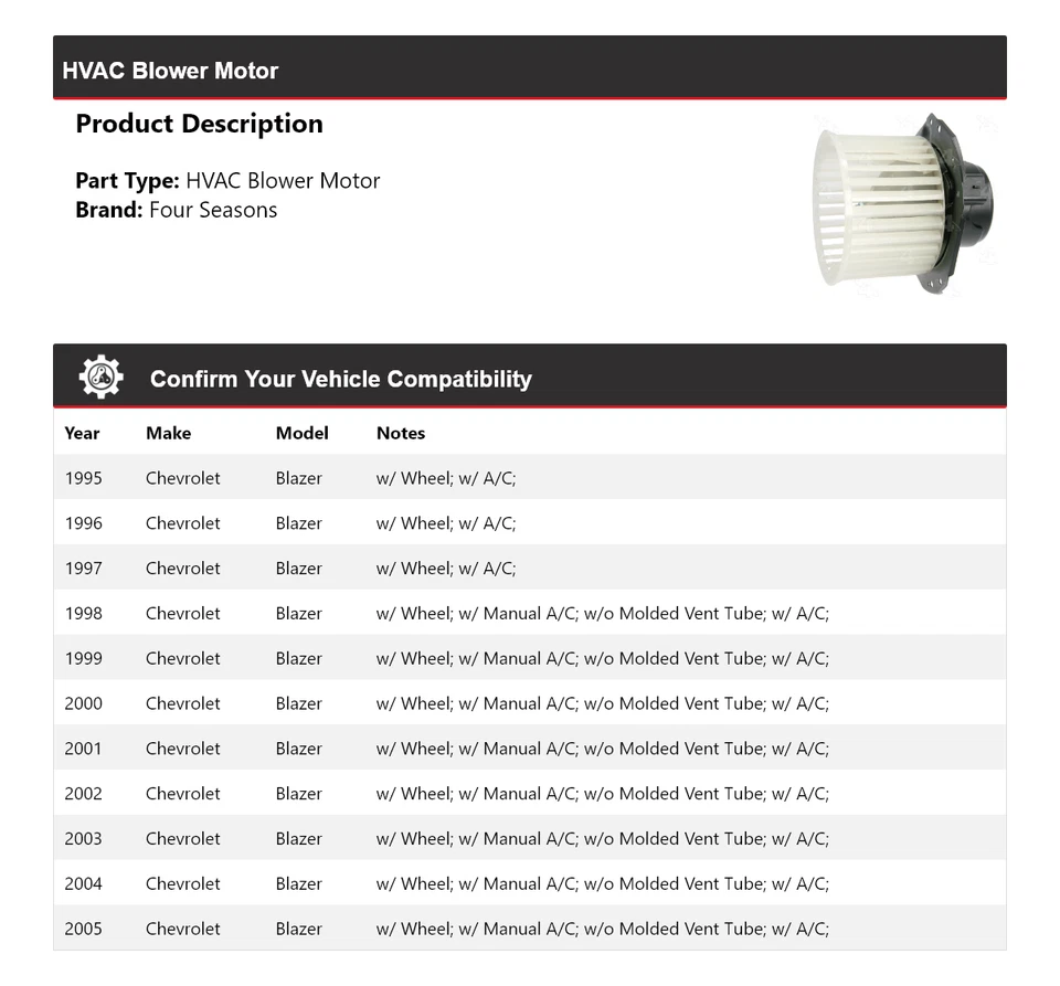 For 1995-2005 Chevrolet Blazer HVAC Blower Motor 4 Seasons 1996 1997 1998 1999 - Image 2 of 4