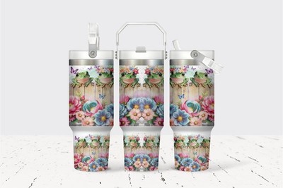 Insulated Travel Mug Frog On Fence Floral 30 Oz Double Wall Stainless Steel
