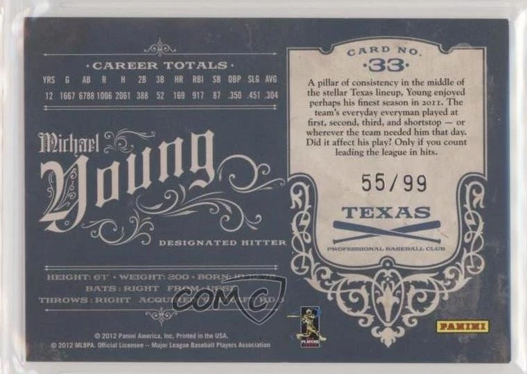 2011 Playoff Prime Cuts /99 Michael Young #33 - Image 2 of 2