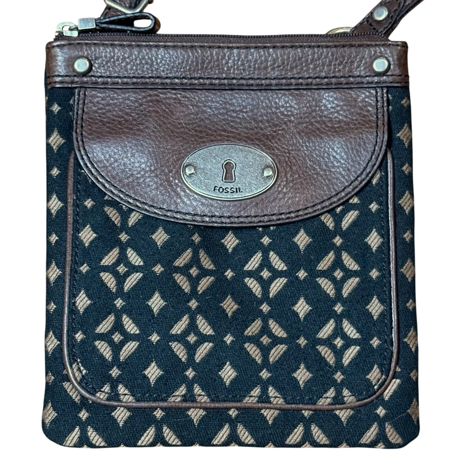 Bolso Bandolera Fossil Maddox Mujer Cuero Marrón Negro Dorado Textil Cremallera Foto 2 de 4