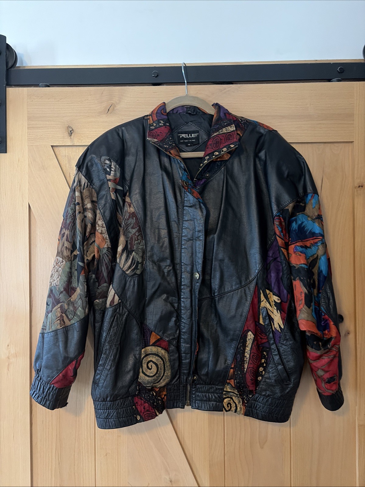 Vintage Pelle Jacket Women’s S Leather Colorblock Abstract Patchwork Coat 90s