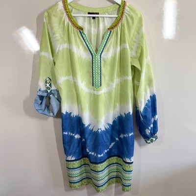 HALE BOB Split Neck Shift Dress Long Sleeve Blue Green Tie Dye Boho Women's M