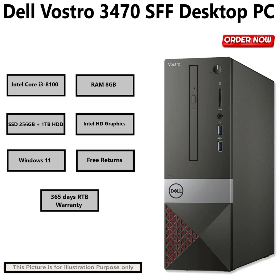 Fast Dell Vostro 3470 SFF Core i3-8100 8GB RAM 256GB SSD & 1TB HDD Windows 11 PC - Image 2 of 4