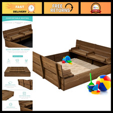 Large Outdoor Wooden Sandbox for Kids with Cover Bench Seats, Cedar Wood, 220